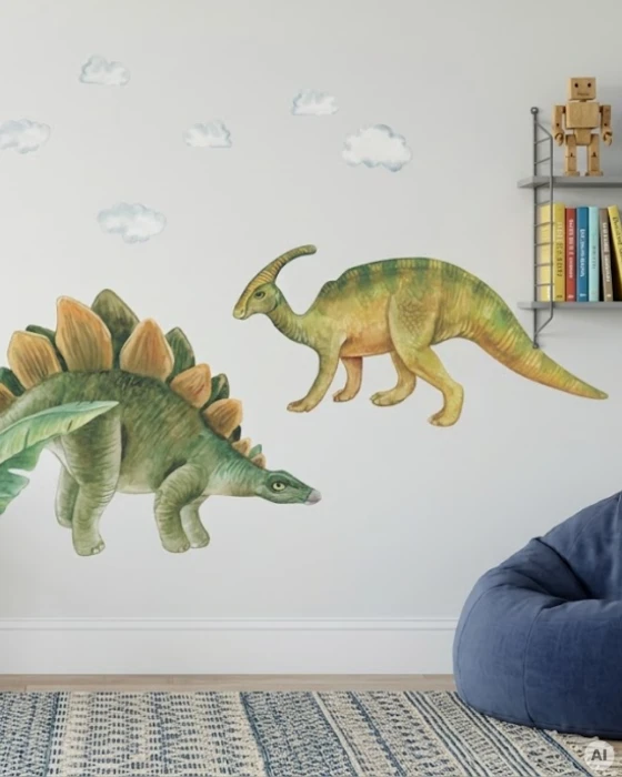 Akwarelowe naklejki DINO II z dwoma dinozaurami w odcieniach zieleni i tropikalną roślinnością