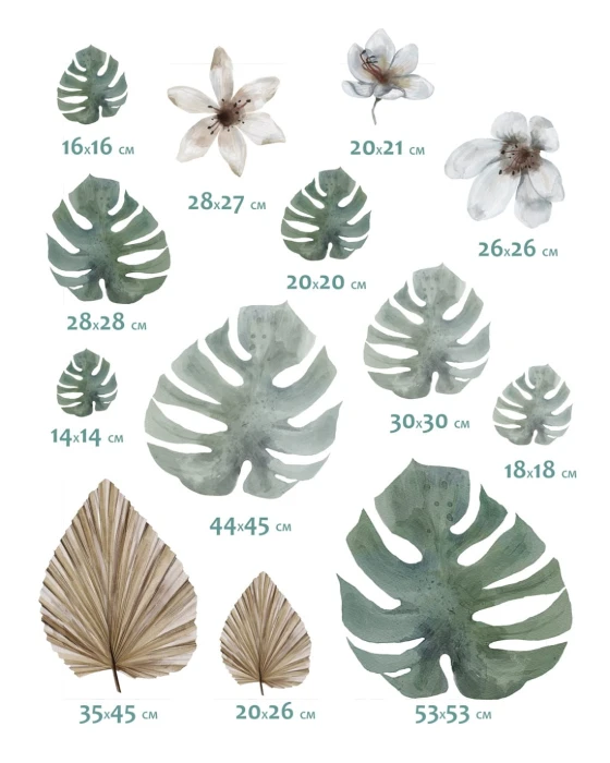 Naklejki MONSTERA z zielonymi liśćmi do 53 × 53 cm, beżowymi liśćmi palmowymi i jasnymi kwiatami