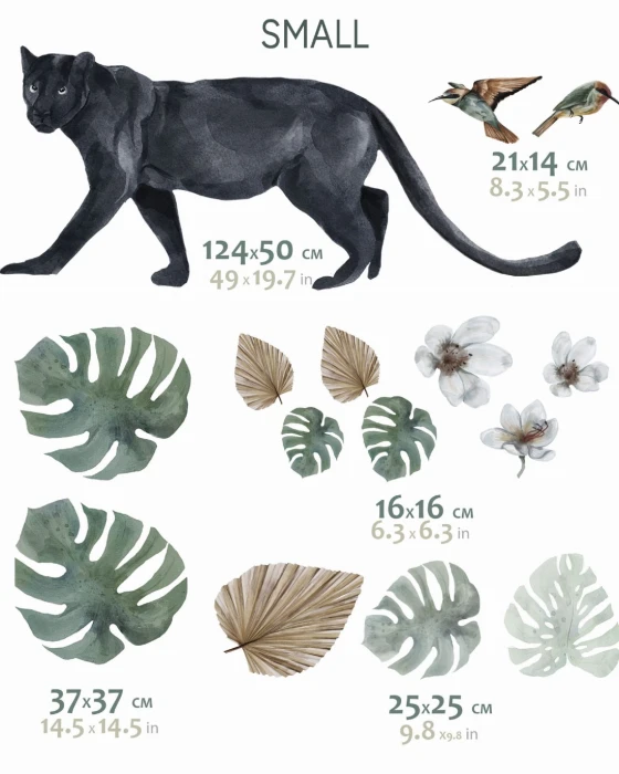 Naklejki BLACKJAG Small – czarna pantera 124 × 50 cm, zielone liście monstery, kwiaty i egzotyczne ptaki