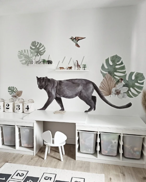 Naklejki ścienne BLACKJAG Large z czarną panterą 170 × 72 cm i roślinnymi dodatkami