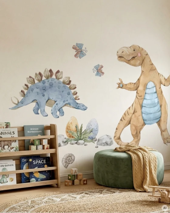 Naklejki ścienne DINO BAMBINO z tyranozaurem, stegozaurem i motylami nad regałem w pokoju dziecięcym