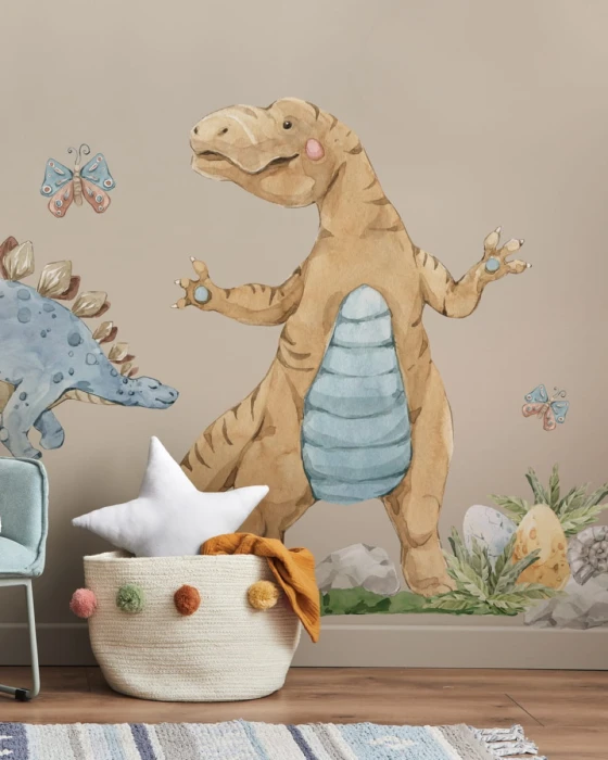 Beżowy tyranozaur z błękitnym brzuszkiem i niebieski stegozaur – akwarelowe naklejki DINO BAMBINO
