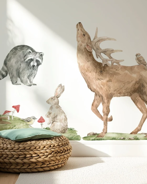 Naklejki FOREST – jeleń 92 × 125 cm, szop 55 × 65 cm, zając i jeż