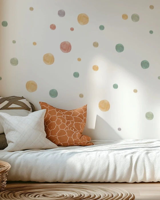 Nieregularne akwarelowe kropki boho w stonowanych kolorach do pokoju dziecięcego