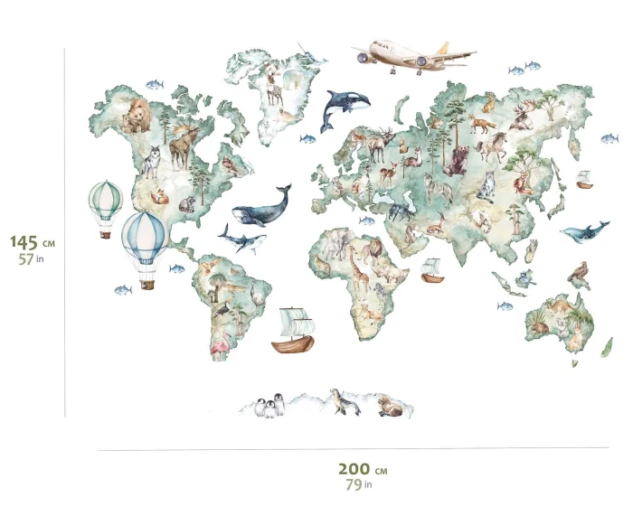 Naklejki mapa świata ze zwierzętami – kompozycja o orientacyjnych wymiarach 200 × 145 cm