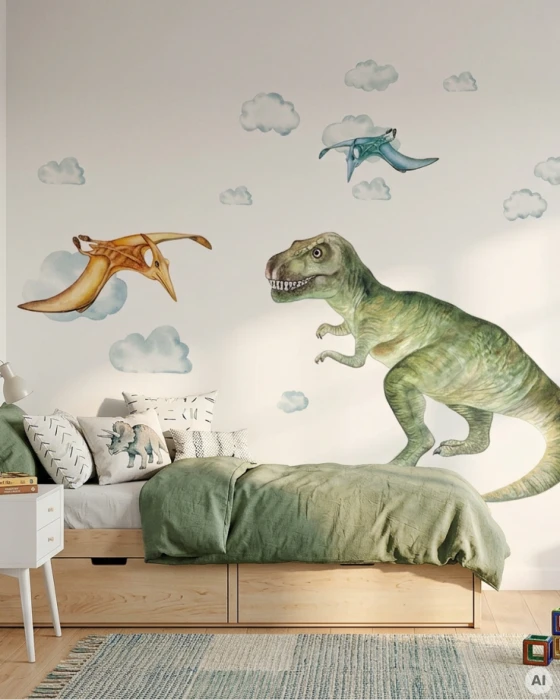 Naklejki ścienne DINO z zielonym tyranozaurem, pterozaurami i akwarelowymi chmurkami