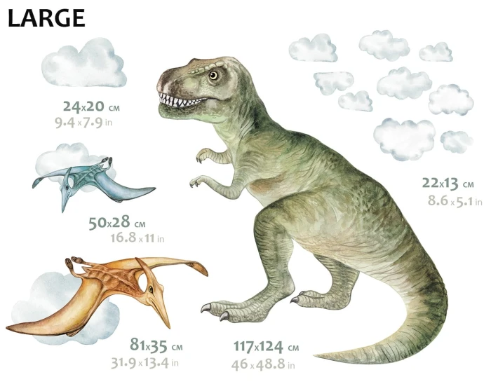 Naklejki DINO Large – zielony tyranozaur 117 × 124 cm i latające pterozaury