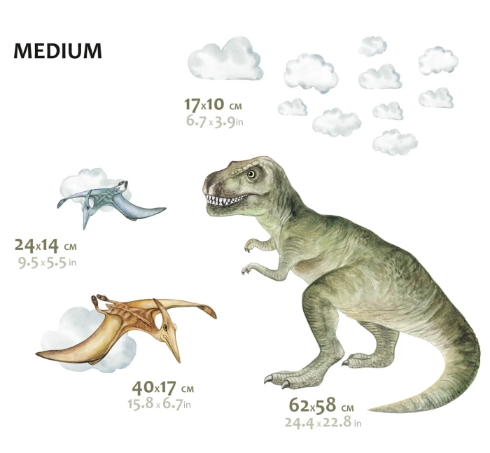 Naklejki DINO Medium – T-Rex 62 × 58 cm, dwa pterozaury i pastelowe chmurki