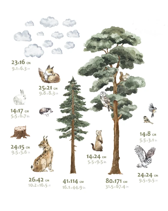 Naklejki BACKWOODS II – duże drzewo 80 × 170 cm, mniejsze drzewo 42 × 115 cm i zwierzęta