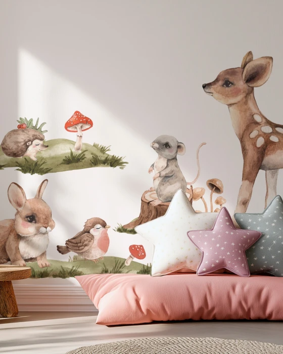 Naklejki BUDDIES – sarenka 94 × 107 cm, królik 44 × 48 cm, myszka i ptaszek
