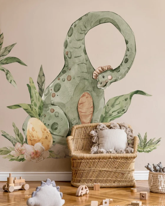 Naklejki ścienne DINO BAMBINO III z zielonym brachiozaurem, jajem i roślinami