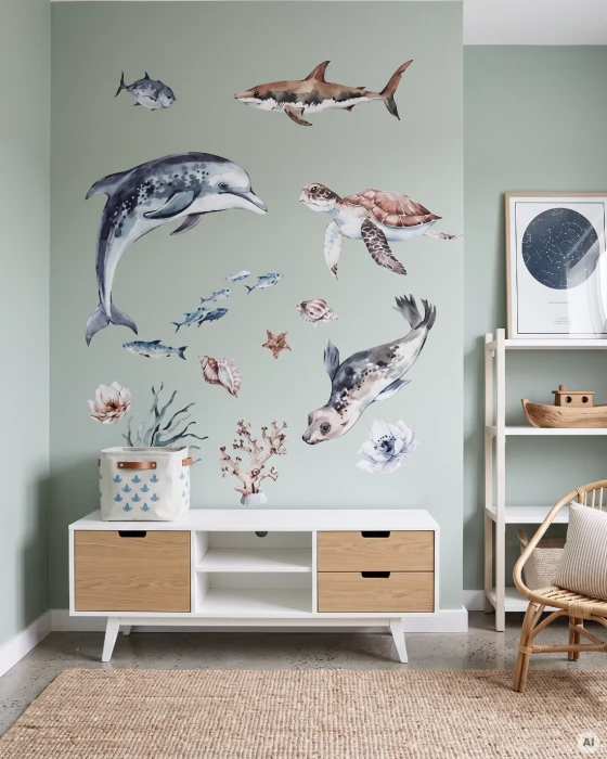 Naklejki OCEANIA – delfin 75 × 75 cm, foka 75 × 35 cm, rekin i żółw morski