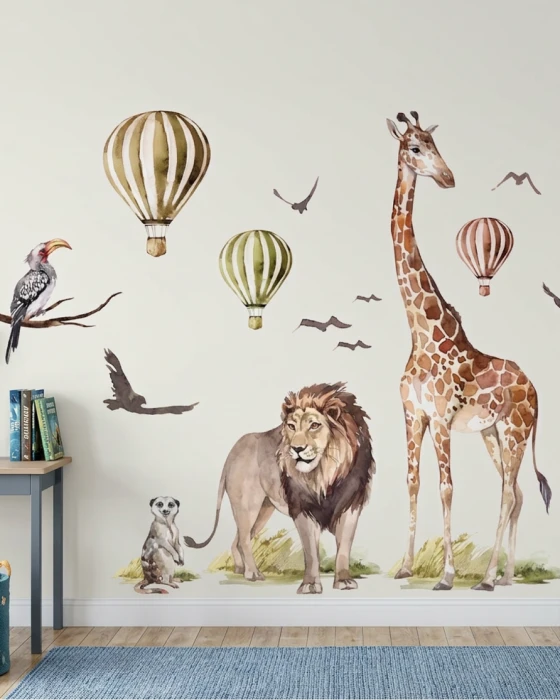 Zestaw naklejek ściennych ze zwierzętami safari i balonami do pokoju dziecka