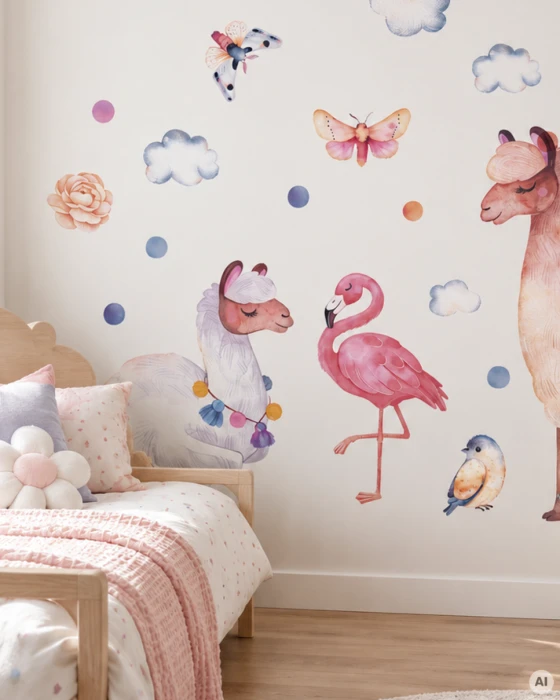 Naklejki TROPIKI LAMA rozmiar L – brązowa lama 55 × 85 cm, biała lama 44 × 45 cm i flaming