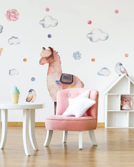 Naklejki TROPIKI LAMA rozmiar XL – brązowa lama 75 × 116 cm, biała lama i tropikalne motywy