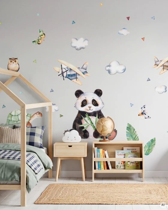 Naklejki TROPIKI PANDA wariant XL – panda 87 × 83 cm, żółw, sówka i samoloty