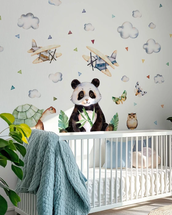Naklejki TROPIKI PANDA wariant L – panda 62 × 60 cm i dwa samoloty retro