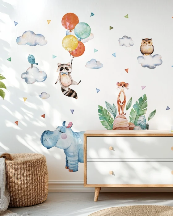 Naklejki TROPIKI HIPCIO wariant XL – hipopotam 85 × 65 cm, szop z balonami i sowa