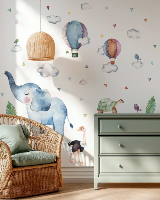 Naklejki TROPIKI SŁONIK rozmiar M – słoń 80 × 83 cm, struś, żółw i balony