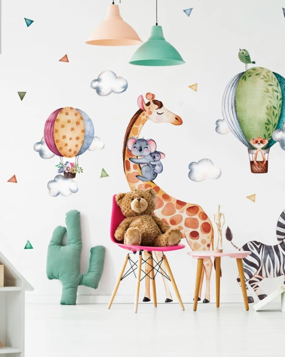 Naklejki TROPIKI ŻYRAFA rozmiar L – żyrafa 55 × 140 cm, zebra 70 × 80 cm i balony