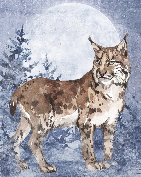 Plakat LUNA z rysiem stojącym na tle dużego jasnego księżyca