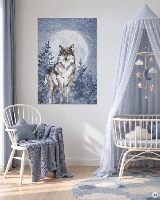 Plakat samoprzylepny LUNA z wilkiem i księżycem na ścianie pokoju dziecięcego