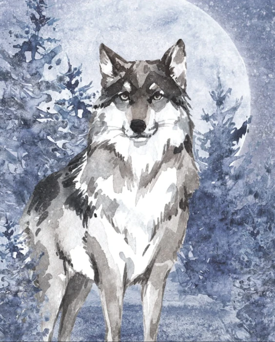 Plakat LUNA z wilkiem stojącym na tle dużego jasnego księżyca