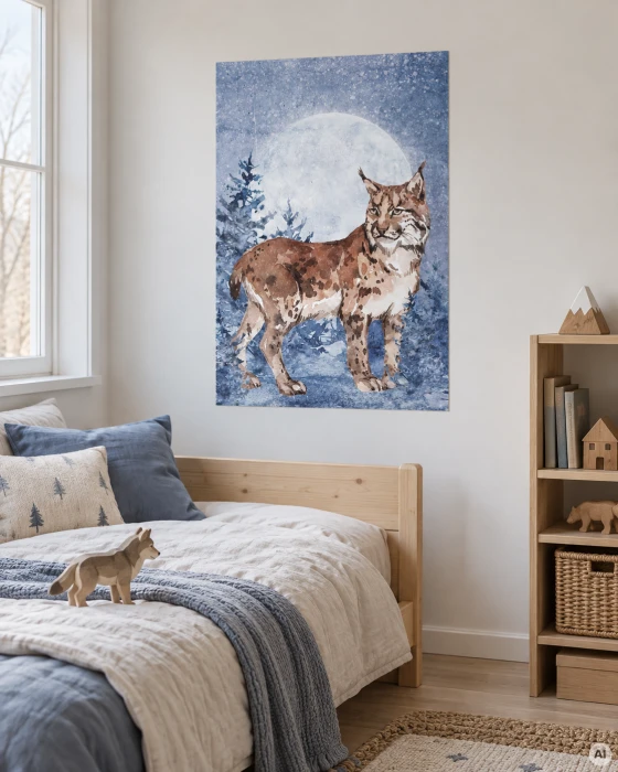 Plakat samoprzylepny LUNA ryś z księżycem i nocnym lasem na ścianie pokoju