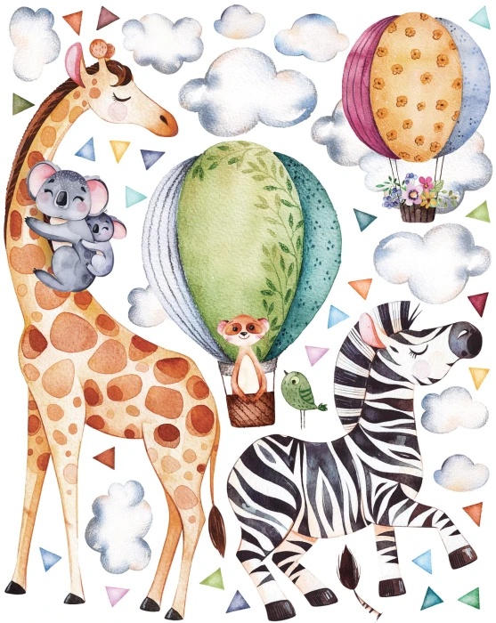 Naklejki TROPIKI ŻYRAFA rozmiar M – żyrafa 40 × 105 cm, zebra i dwa balony