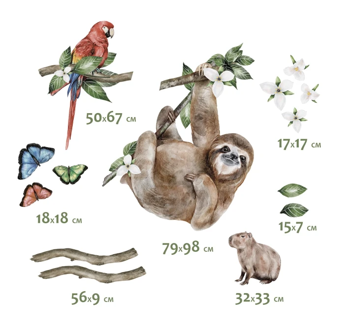 Naklejki AMAZONIA – leniwiec 79 × 98 cm, ara 50 × 67 cm i kapibara 32 × 33 cm