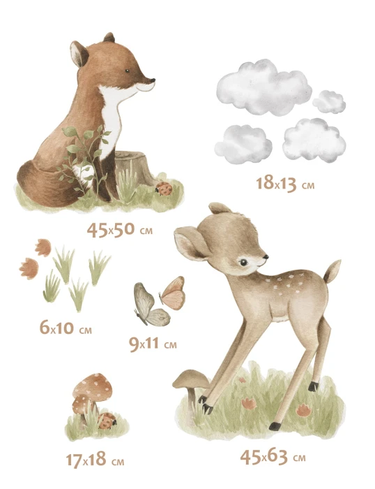 Naklejki LITTLE ONE III – lisek 45 × 50 cm, sarenka 45 × 63 cm oraz motyle i leśne dodatki