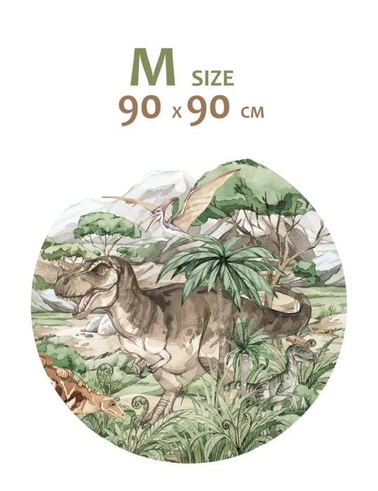 Naklejka z dinozaurami PREHISTORIA w kształcie koła na jasnej ścianie pokoju dziecka