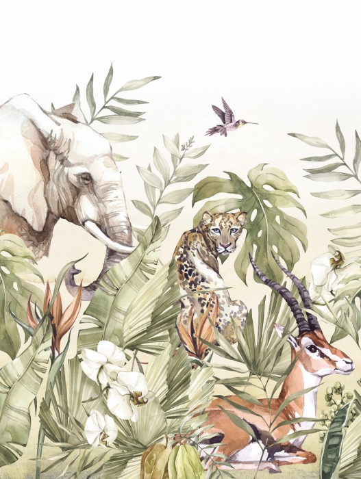 Tapeta safari ze zwierzętami – żyrafa, zebra, słoń, lwy i lamparty
