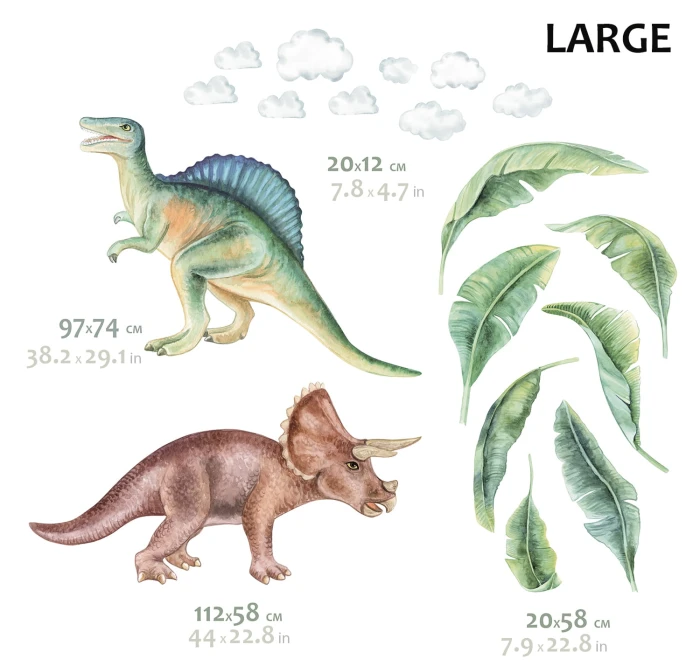 Naklejki DINO III Medium z zielonym spinozaurem, brązowym triceratopsem i roślinnymi dodatkami