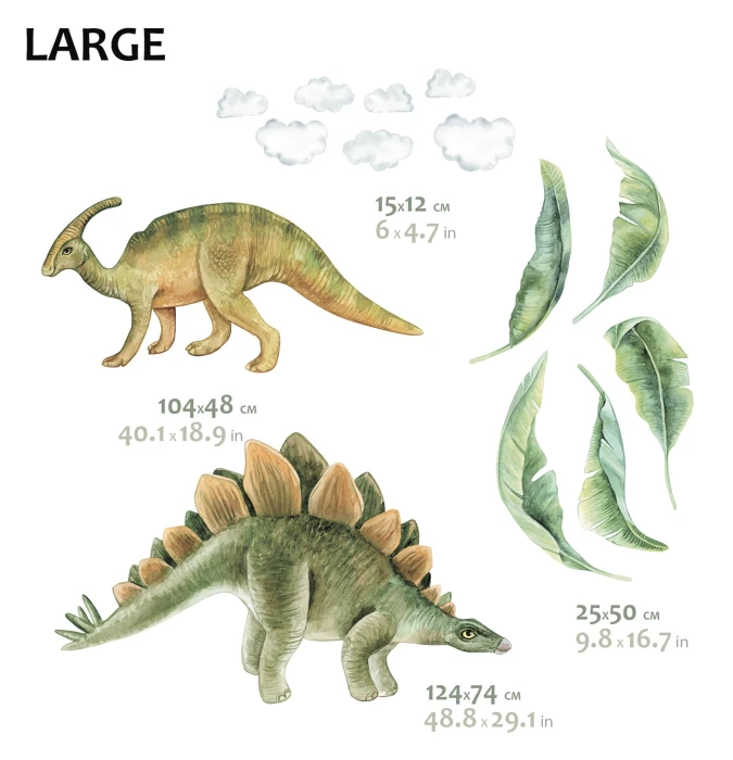 Naklejki z dinozaurami DINO II, dużymi zielonymi liśćmi i błękitnymi chmurkami nad podłogą pokoju dziecięcego