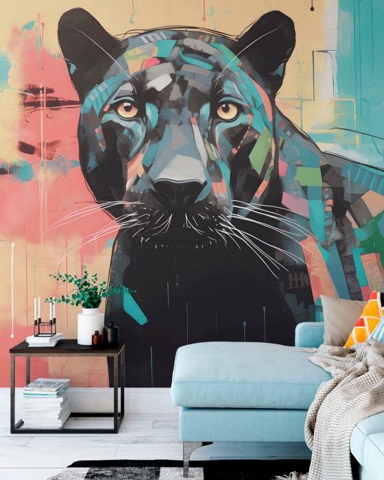 Mural ścienny z czarną panterą – geometryczny portret drapieżnika na pastelowym, turkusowym tle