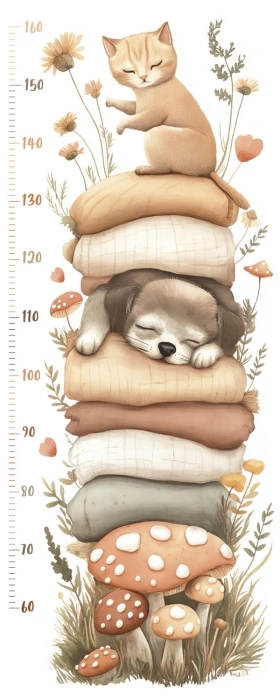 Miarka wzrostu NAPTIME od 60 do 160 cm ze śpiącym pieskiem, kotkiem, poduszkami i muchomorami