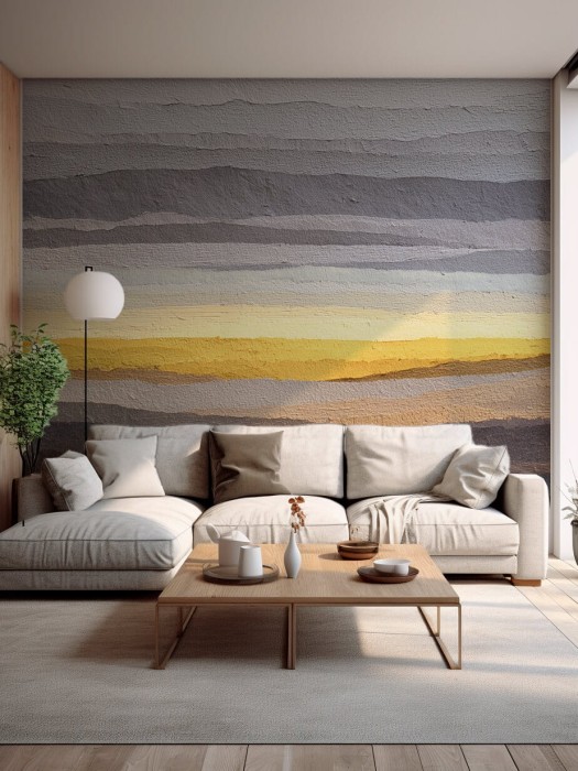 Mural ścienny abstrakcja – minimalistyczny krajobraz w kolorach szarym, beżowym i złotym