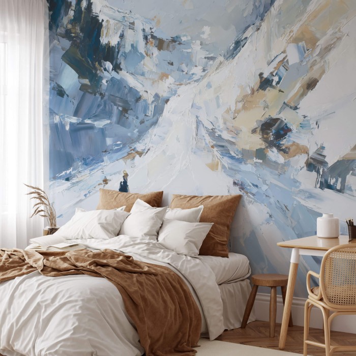 Malarski mural górski w aranżacji sypialni