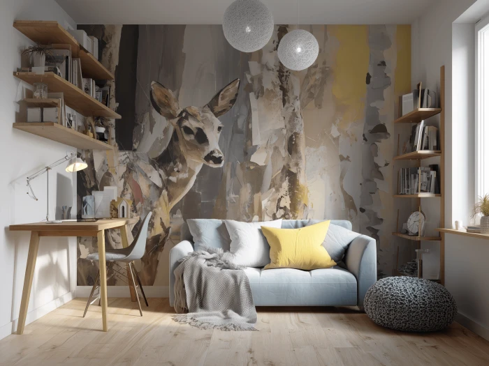 Tapeta DEERWOOD z sarną w aranżacji sypialni