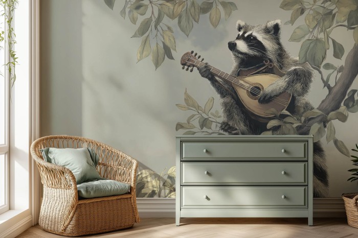 Detal tapety z szopem grającym na gitarze