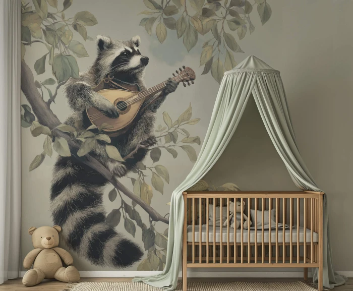 Tapeta WOODSONG z szopem i gitarą w pokoju nastolatka