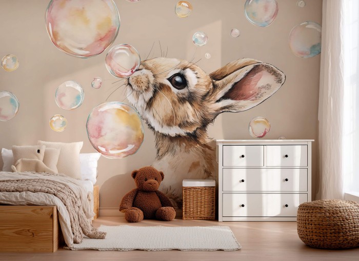 Tapeta BUNNY BUBBLES z króliczkiem w aranżacji pokoju dziecka