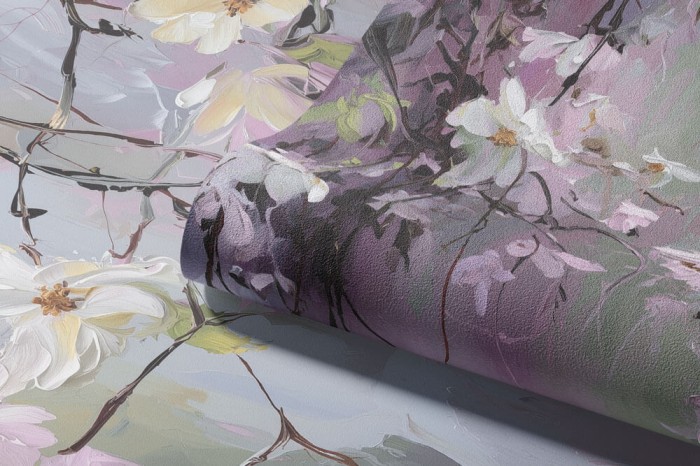 Malarska tapeta kwiatowa w odcieniach lawendy i zieleni