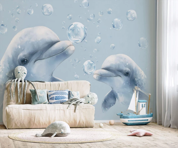 Tapeta NIMO BUBBLES z dwoma delfinami w jasnym pokoju dziecka