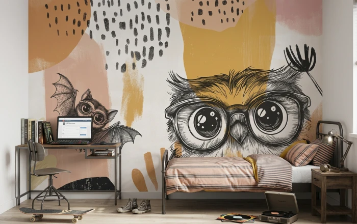 Tapeta z sową w okularach i nietoperzem FUNKYZOO w pokoju dziecka