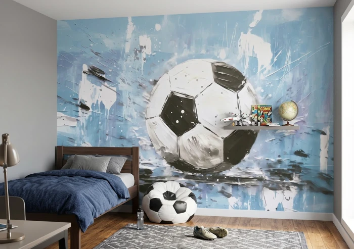 Błękitna tapeta z dużą piłką nożną BALL&ROLL w pokoju dziecka