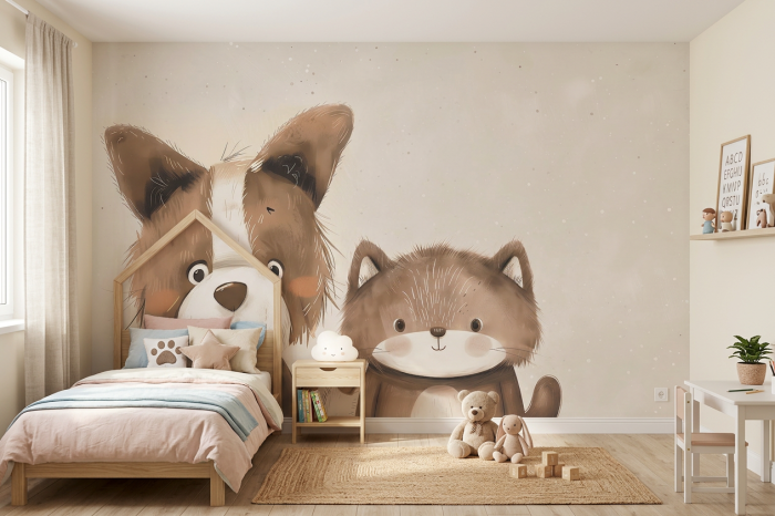 Tapeta Cuddly Friends - pies i kot