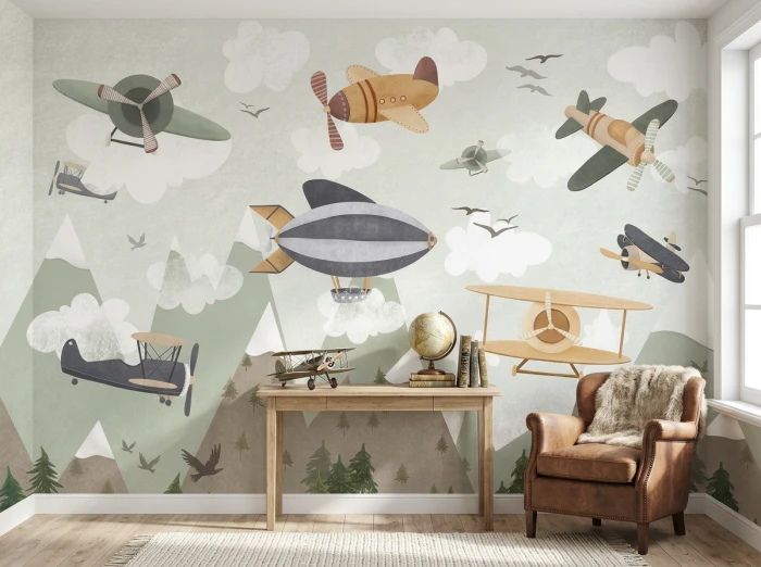 Tapeta SKYWARDS z samolotami retro i sterowcem nad górami i lasem w odcieniach zieleni, beżu, karmelu i grafitu
