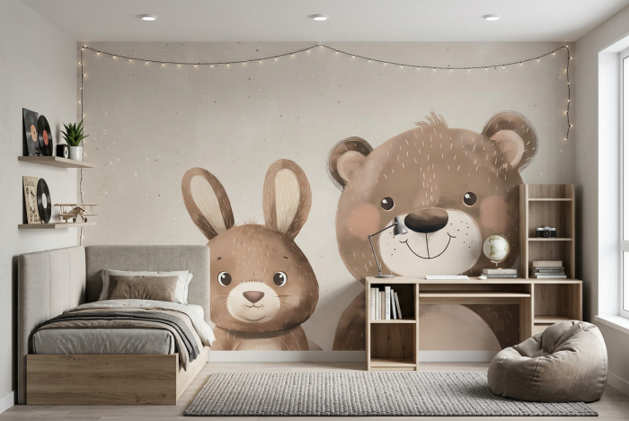 Tapeta Cuddly Friends - miś i zając